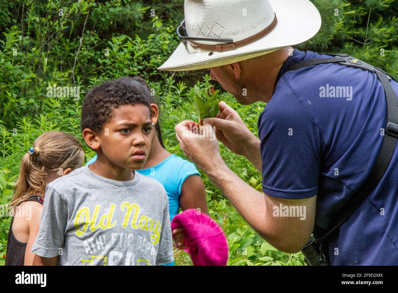 Niños aprendiendo sobre la naturaleza con un naturalista capacitado Foto de stock