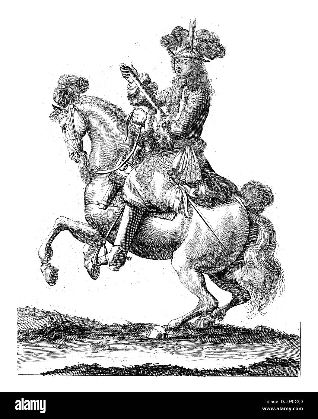 Retrato de Carlos XI, Rey de Suecia, a caballo con un comando en su mano. En la parte inferior del margen se encuentran el nombre y la función en latín. Foto de stock