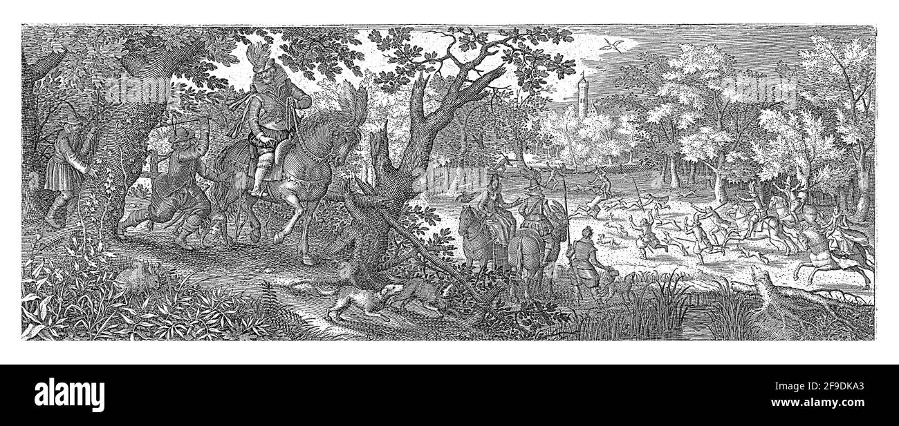 Un caballero en paseos a caballo con sus siervos y perros en un camino del bosque. Uno de los sirvientes lashes hacia fuera con un palo en un conejo en el lado del Foto de stock