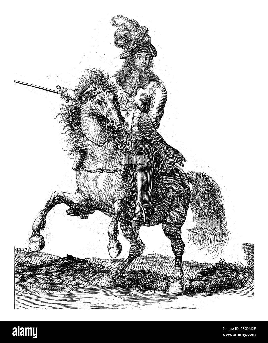 Retrato de Maximiliano II Emanuel, elector de Baviera, a caballo con una espada en su mano. En la parte inferior del margen están el nombre y la función en Lat Foto de stock