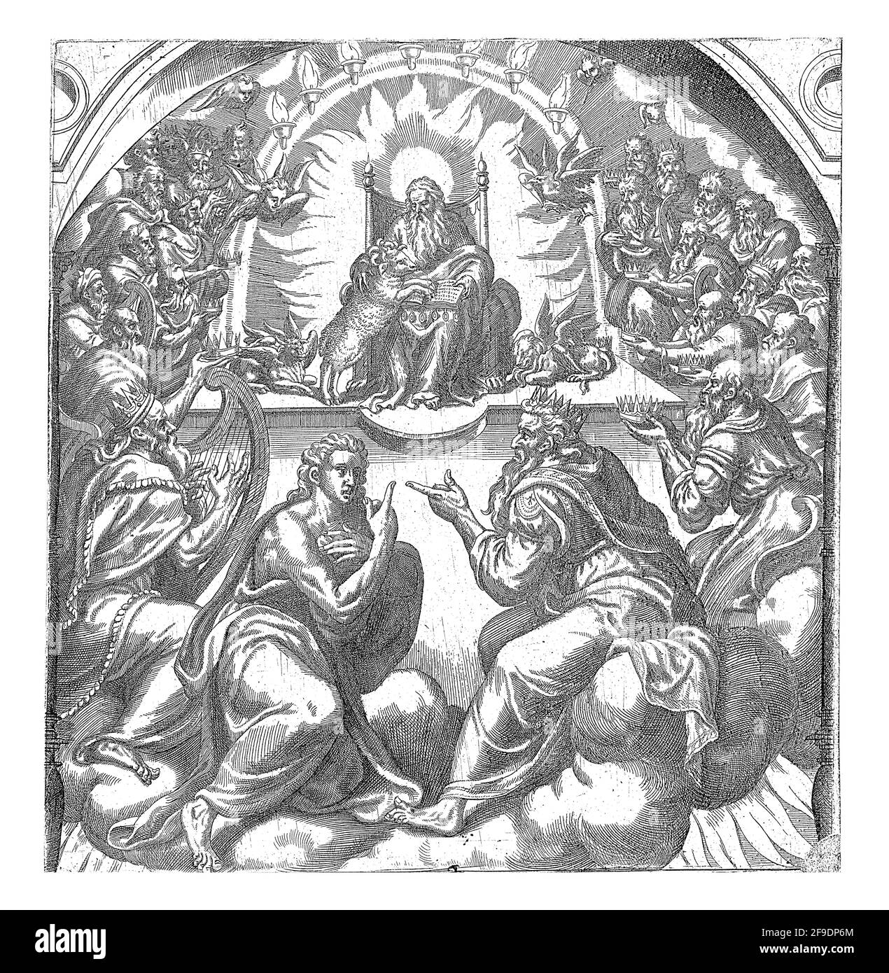 En primer plano el apóstol Juan. Señala al trono celestial con Dios y los cuatro animales En primer plano el apóstol Juan. Señala al trono celestial con Dios y los cuatro animales