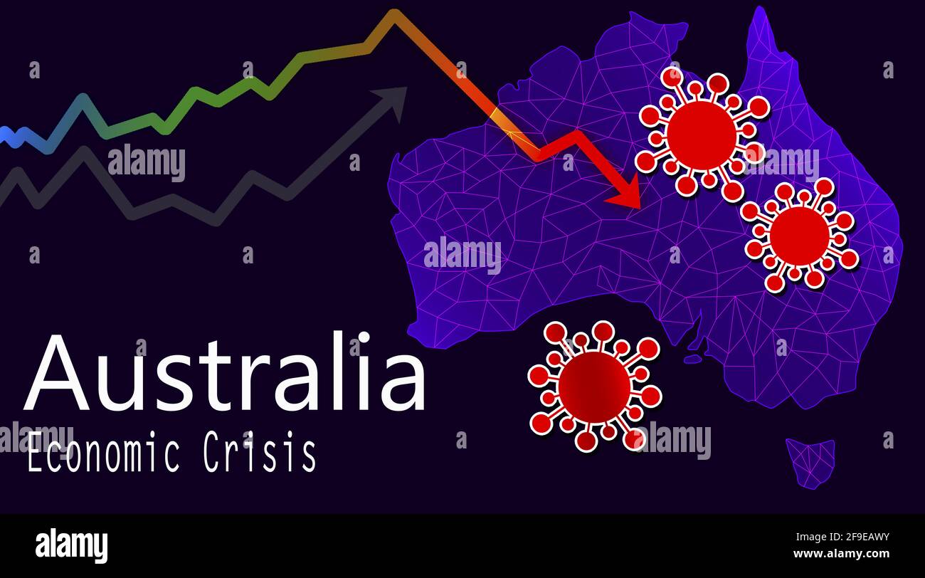 Ilustración de un mapa de Australia y texto Australia Crisis económica con iconos de corona y flecha Foto de stock