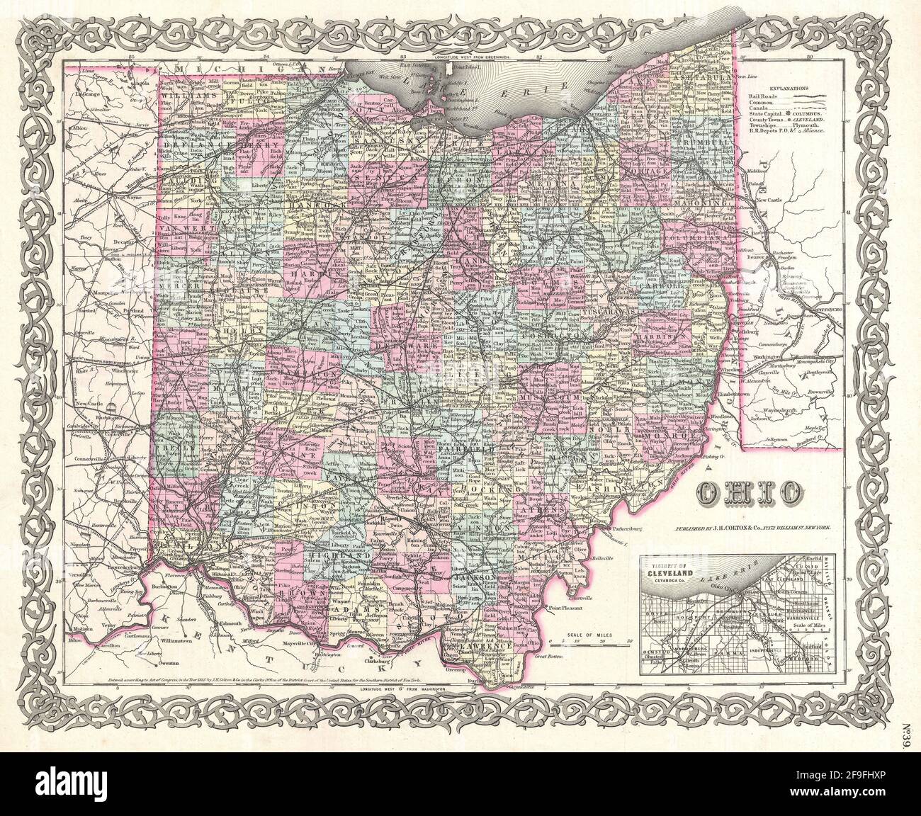 Hermoso mapa de Colton dibujado a mano de 1860 con hermosos mapas coloridos e ilustraciones de países, regiones y océanos. Foto de stock