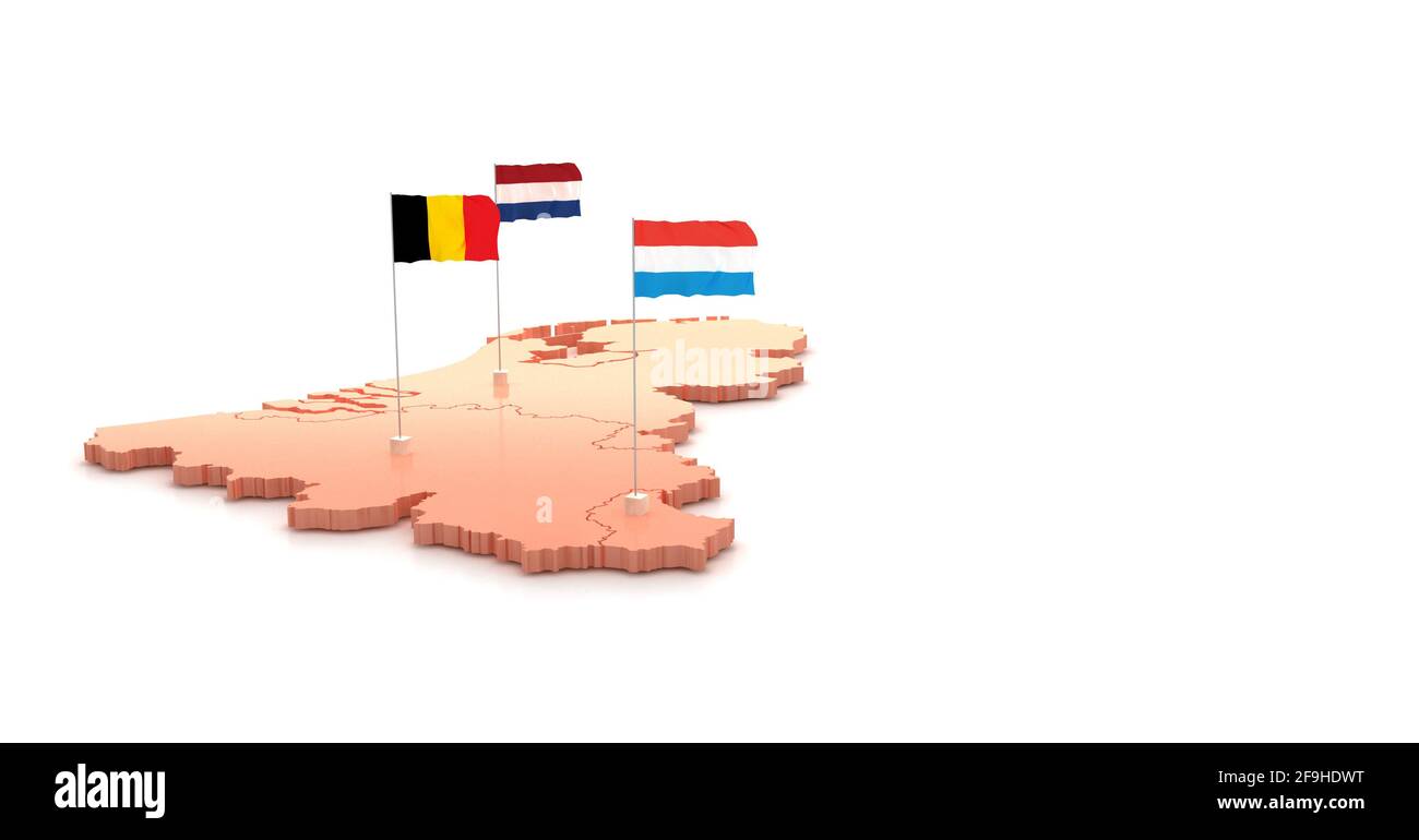 Benelux. Mapa y bandera de los países del Benelux 3D ilustraciones sobre fondo blanco. Foto de stock