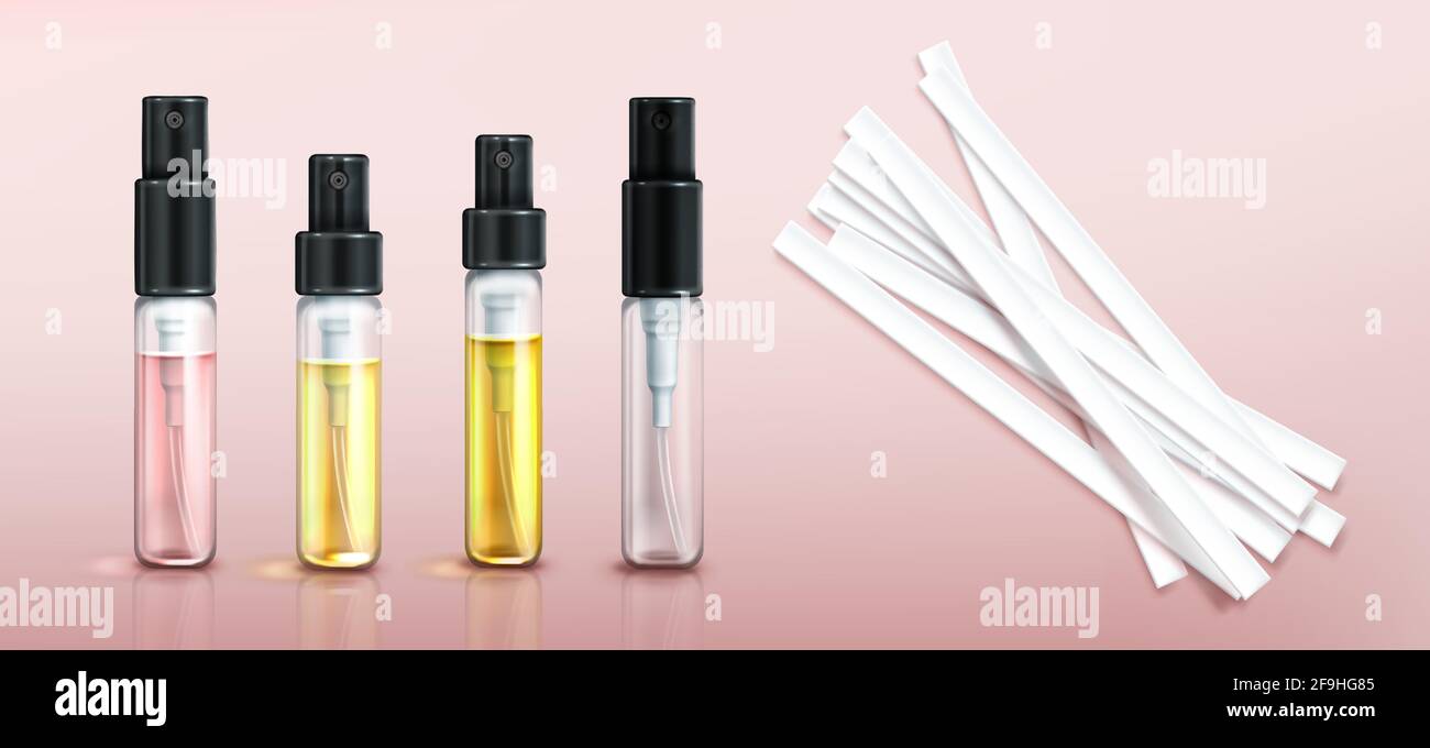 Probador de perfumes botellas de vidrio y tiras de papel. Muestra de