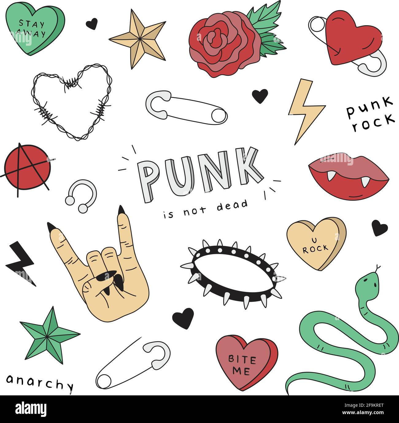 Ilustraciones de vectores de rock punk. Dibujo a mano lindo, punk, rock, dibujos  de pegatina. Aislado Imagen Vector de stock - Alamy