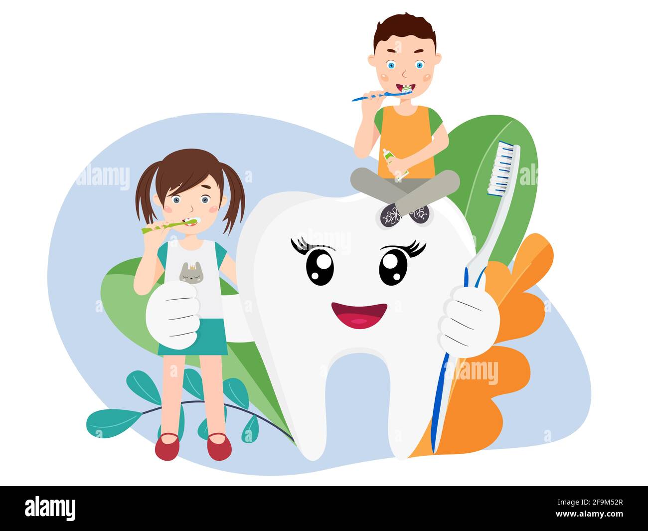 Diente de dibujos animados. Niños cepillándose los dientes. Ilustración de  vector de cuidado dental Imagen Vector de stock - Alamy