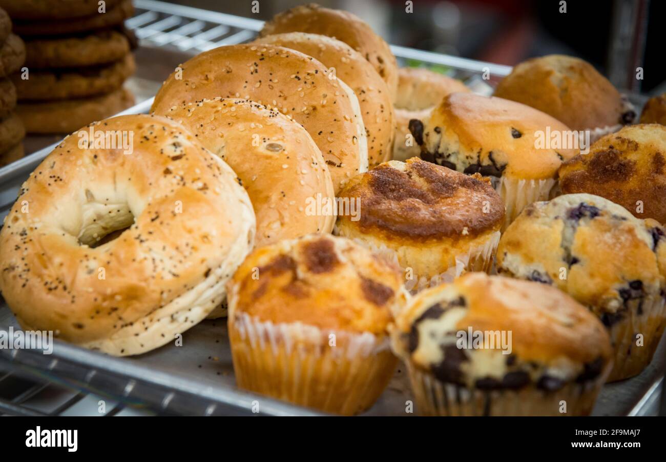 Selección de bagels y muffins Foto de stock