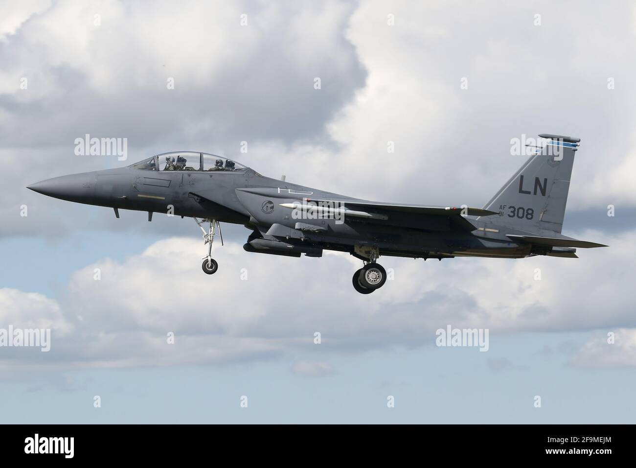 492th Escuadrón de combate F-15E regresando a RAF Lakenheath, Suffolk. Foto de stock