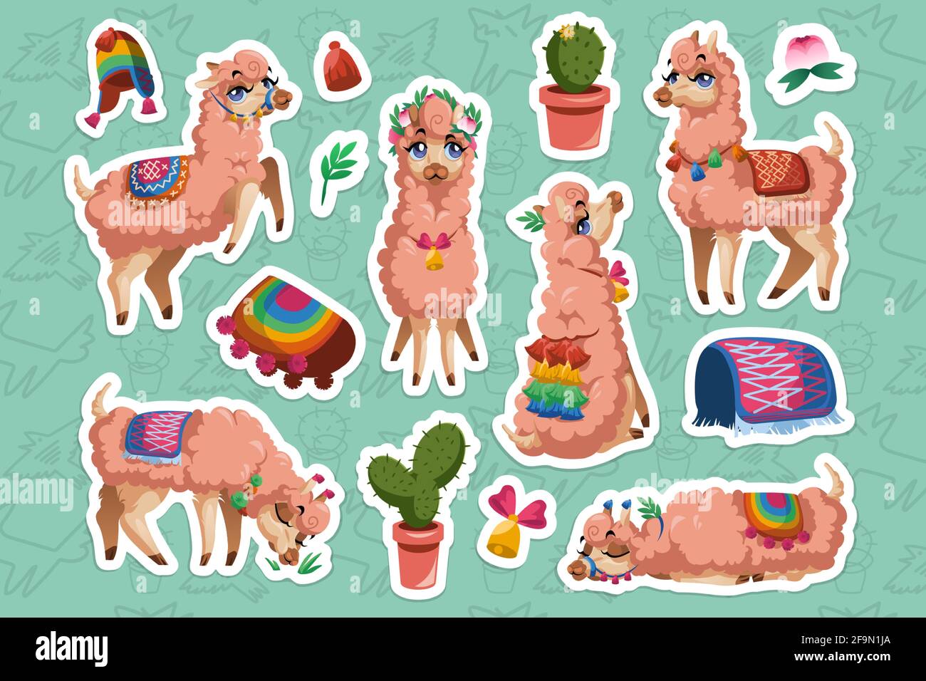 Juego de pegatinas con Llama, Perú alpaca caricatura animal. La mascota de Lama mexicano con cara linda usa borlas en las orejas y manta sentado, durmiendo, pastando y parando parches aislados cortados Ilustración del Vector