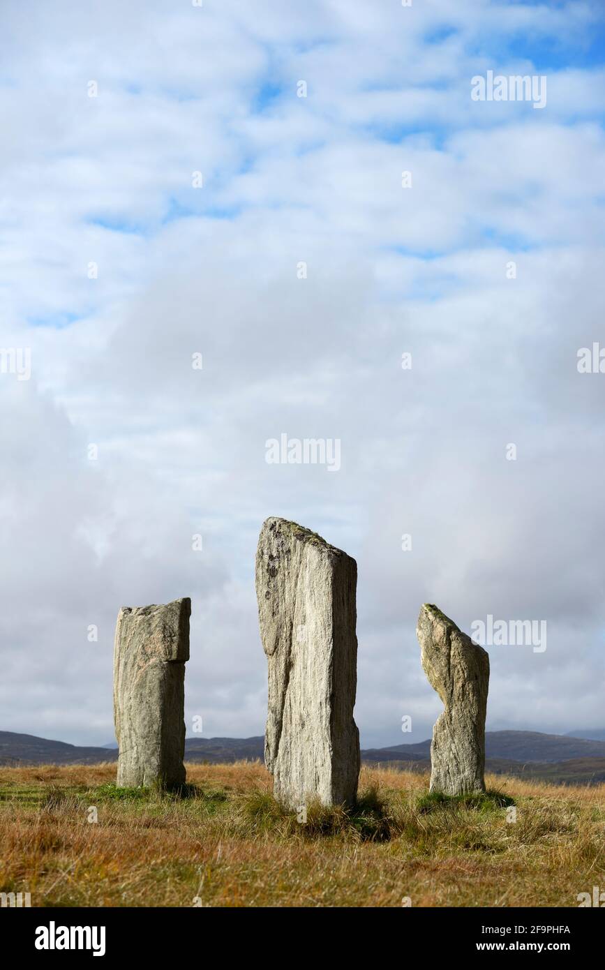 Piedras prehistóricas de Turachan en Callanish, Isla de Lewis, Escocia. Alias Callanish I. Piedras en la avenida norte muestran textura de granito de Lewisian gneiss Foto de stock