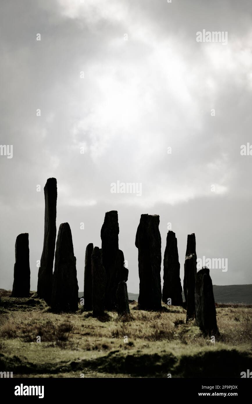 Piedras neolíticas prehistóricas de Turachan en Callanish, Isla de Lewis, Escocia. Alias Callanish I. El monolito central alto y parte del círculo central Foto de stock