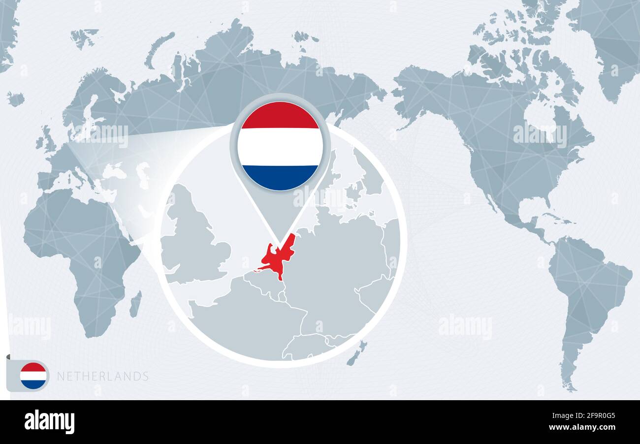 Mapa del mundo centrado en el Pacífico con Países Bajos ampliados. Bandera  y mapa de los Países Bajos en Asia en el Centro Mapa Mundial Imagen Vector  de stock - Alamy