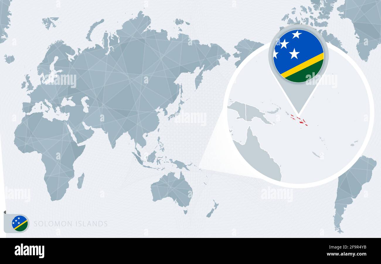 Mapa del mundo centrado en el Pacífico con las Islas Salomón ampliadas.  Bandera y mapa de las Islas Salomón en Asia en el Centro del Mapa Mundial  Imagen Vector de stock -
