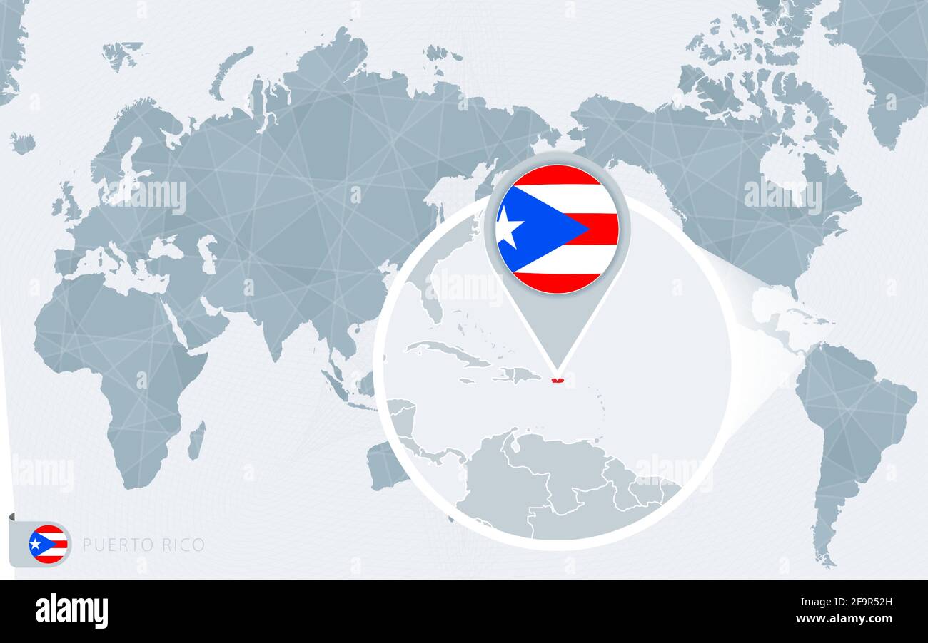 Mapa del mundo centrado en el Pacífico con Puerto Rico ampliado. Bandera y  mapa de Puerto Rico en Asia en Center World Map Imagen Vector de stock -  Alamy
