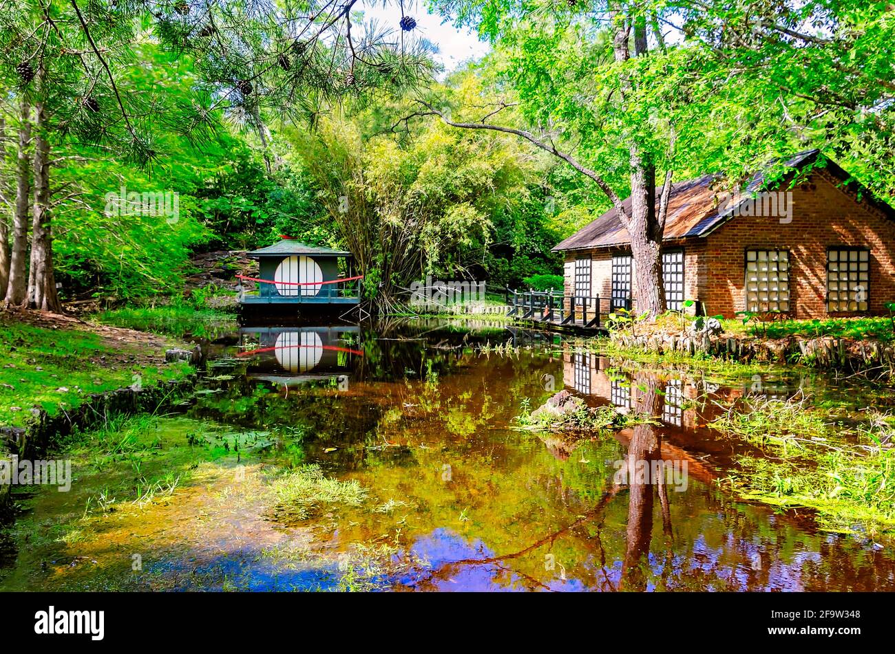 Una casa de campo asiática y una casa de té se reflejan en el agua en el jardín asiático-americano en los jardines Bellingrath, 19 de abril de 2021, en Theodore, Alabama. Foto de stock