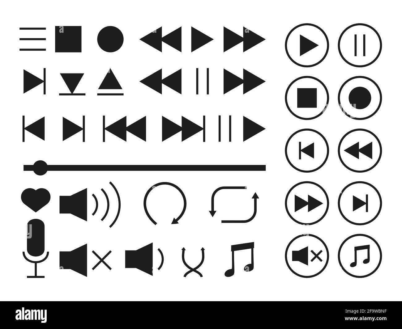Iconos del reproductor multimedia configurados. Colección de señales  multimedia. Interfaz de música de símbolos de silueta negros. Diferentes  botones, como reproducir o pausar, detener, grabar, avanzar o retroceder.  Ilustración de vector aislado