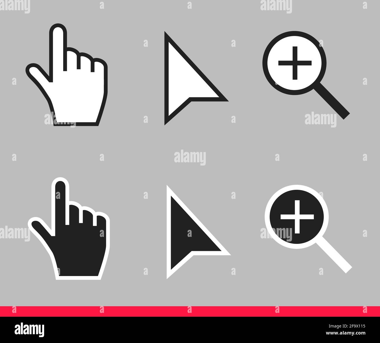 Flecha blanca y negra, mano y lupa iconos de cursor de ratón sin píxeles  ilustración vectorial establecen un diseño de estilo plano aislado sobre  fondo gris Imagen Vector de stock - Alamy