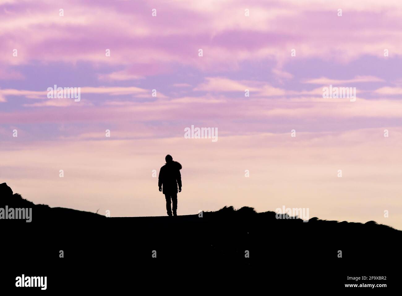 Un caminante solitario se perfila contra un cielo de color pastel. Foto de stock