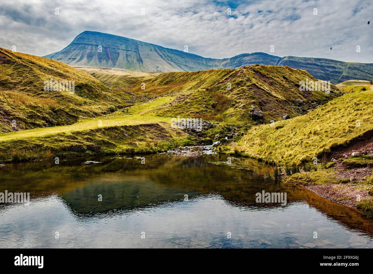 Picws Du o Bannau Sir Gaer reflejado en una piscina De camino a Llyn y Fach Ventilador en Carmarthenshire Fan o Black Mountain Wales Foto de stock