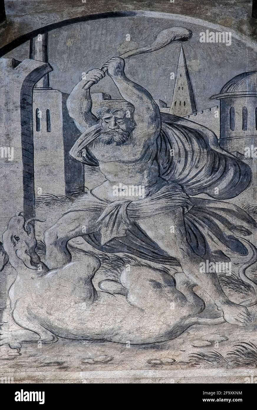 Heracles o Hércules, el gran héroe de la antigua mitología griega y romana,  se encuentra con un animal en este cuadro de 1571 de chiaroscuro en la  fachada renacentista del Ayuntamiento Antiguo