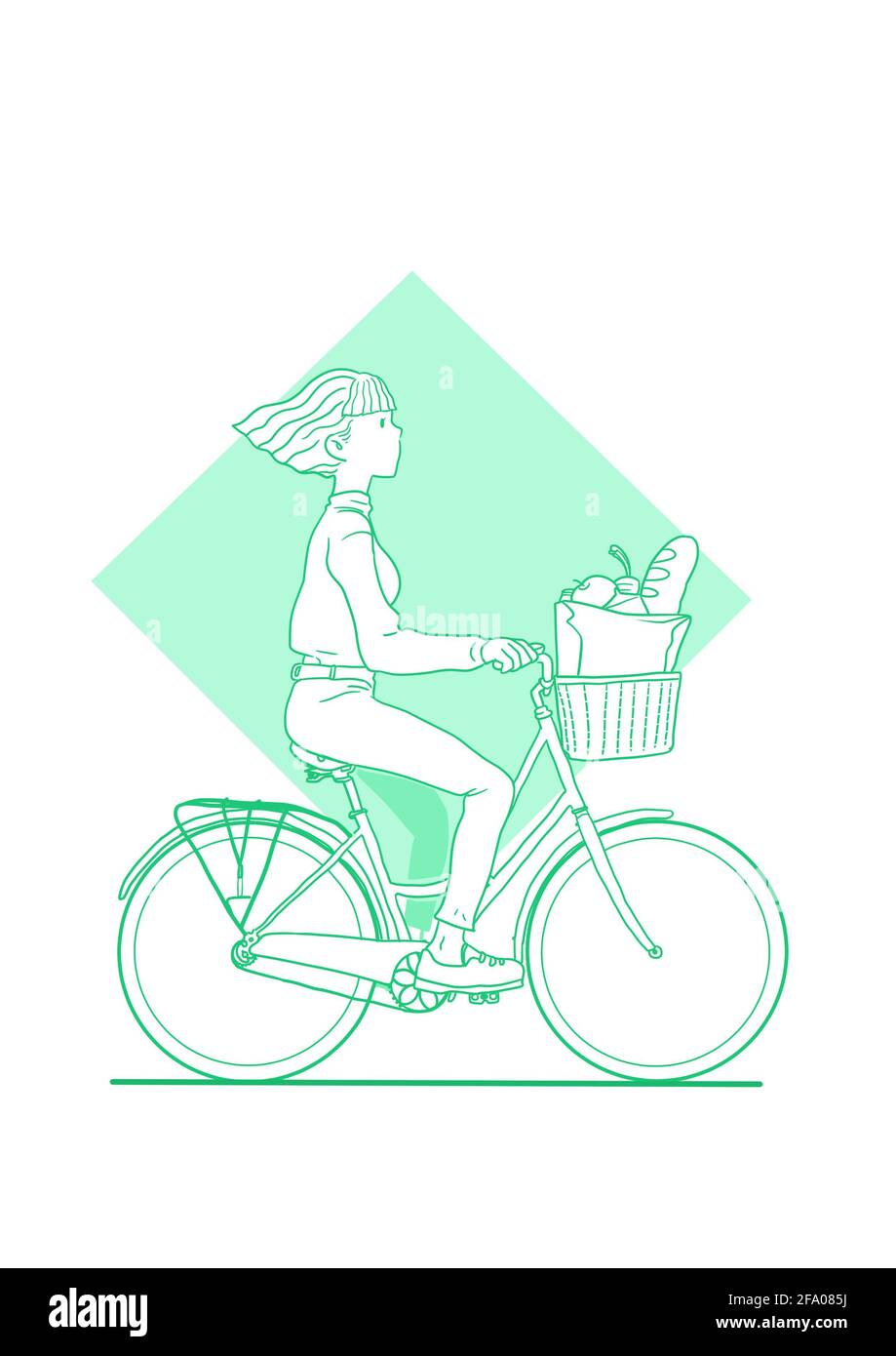 Ilustración de una chica que va de compras y paseos a. bicicleta.ILTRACIÓN SIMPLE Foto de stock
