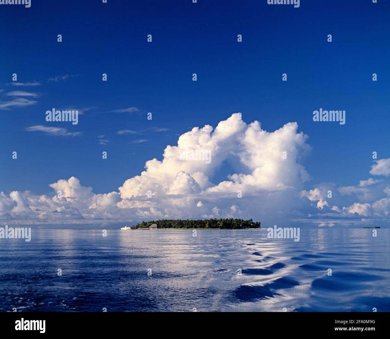 Maldivas. Vista de la isla tropical desde el Océano Índico. Foto de stock