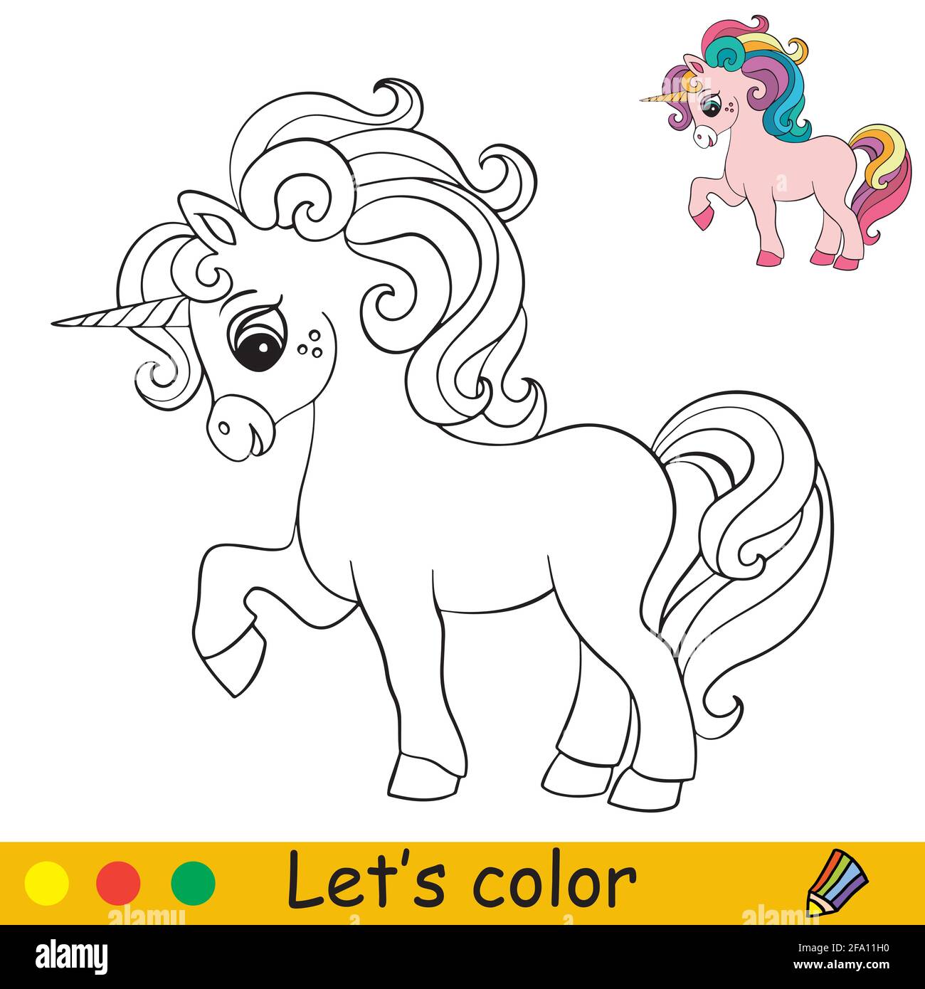 Lindo unicornio de dibujos animados de pie. Página de libro para colorear  con plantilla de colores. Ilustración aislada de dibujos animados  vectoriales. Para colorear libro, impresión, juego, educat Imagen Vector de  stock -