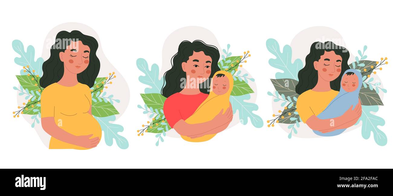 Conjunto de diferentes personajes femeninos de embarazo y recién nacido, madre y bebé en brazos, ilustración vectorial en estilo de tallarín, dibujo de mano Ilustración del Vector