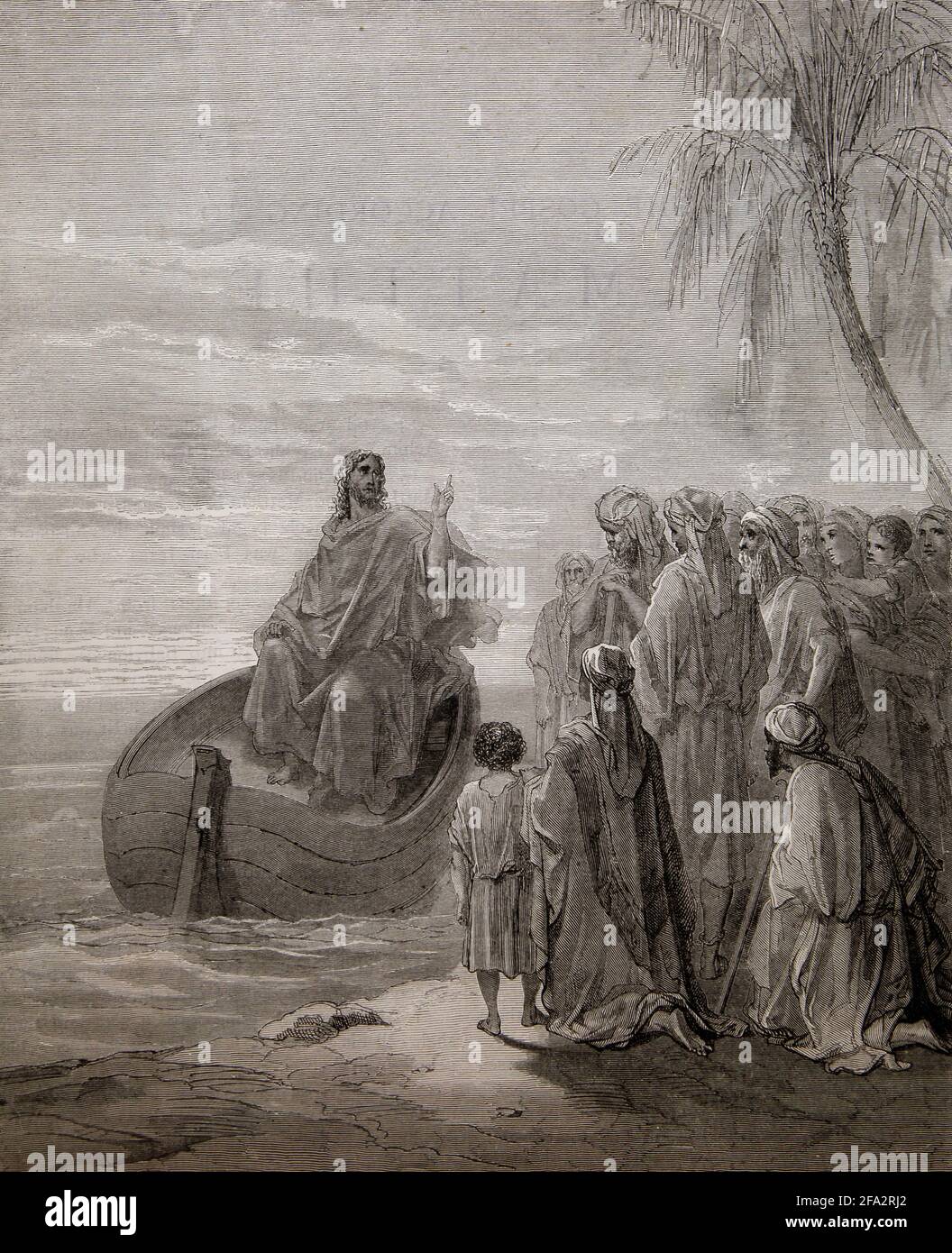 Historia Bíblica Ilustración Jesús Preaching en el Mar de Galilea (Luke5:3) por Gustave Dore Foto de stock