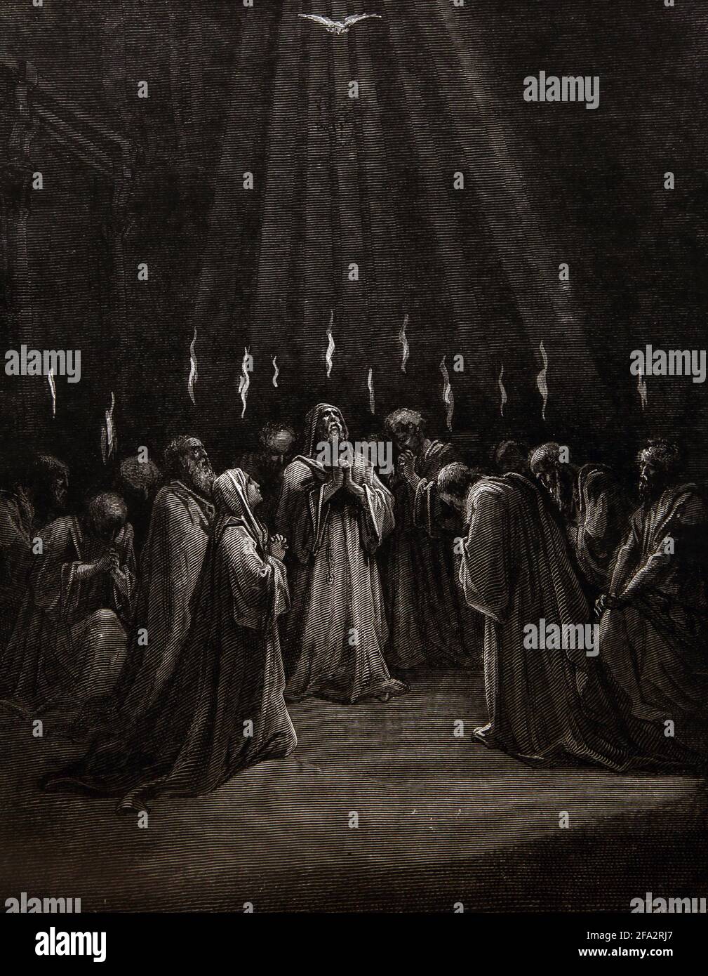 Historia Bíblica Ilustración del Descenso del Espíritu (Acts2;2-3) Por Gustave Dore Empoderando a los Apóstoles con el Espíritu Santo En el día de Pentecostés Foto de stock