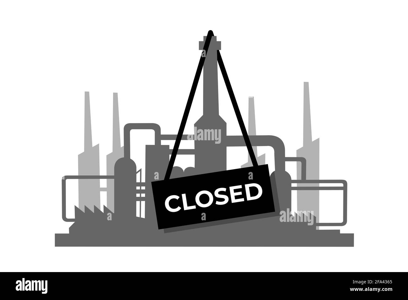La fábrica, la planta y el edificio industrial están cerrados y abandonados. Interrupción, parada y cierre de la industria y la fabricación. Ilustración vectorial. Foto de stock