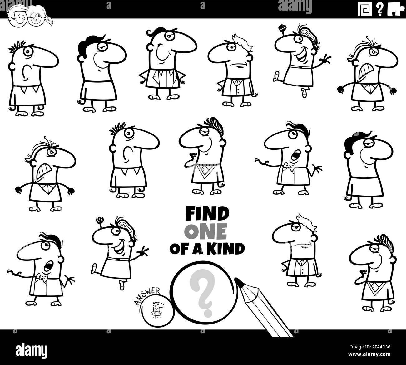 Ilustración de dibujos animados en blanco y negro de encontrar uno de un una tarea educativa de cuadro amable para niños con personajes de hombres divertidos página de libro para colorear Ilustración del Vector