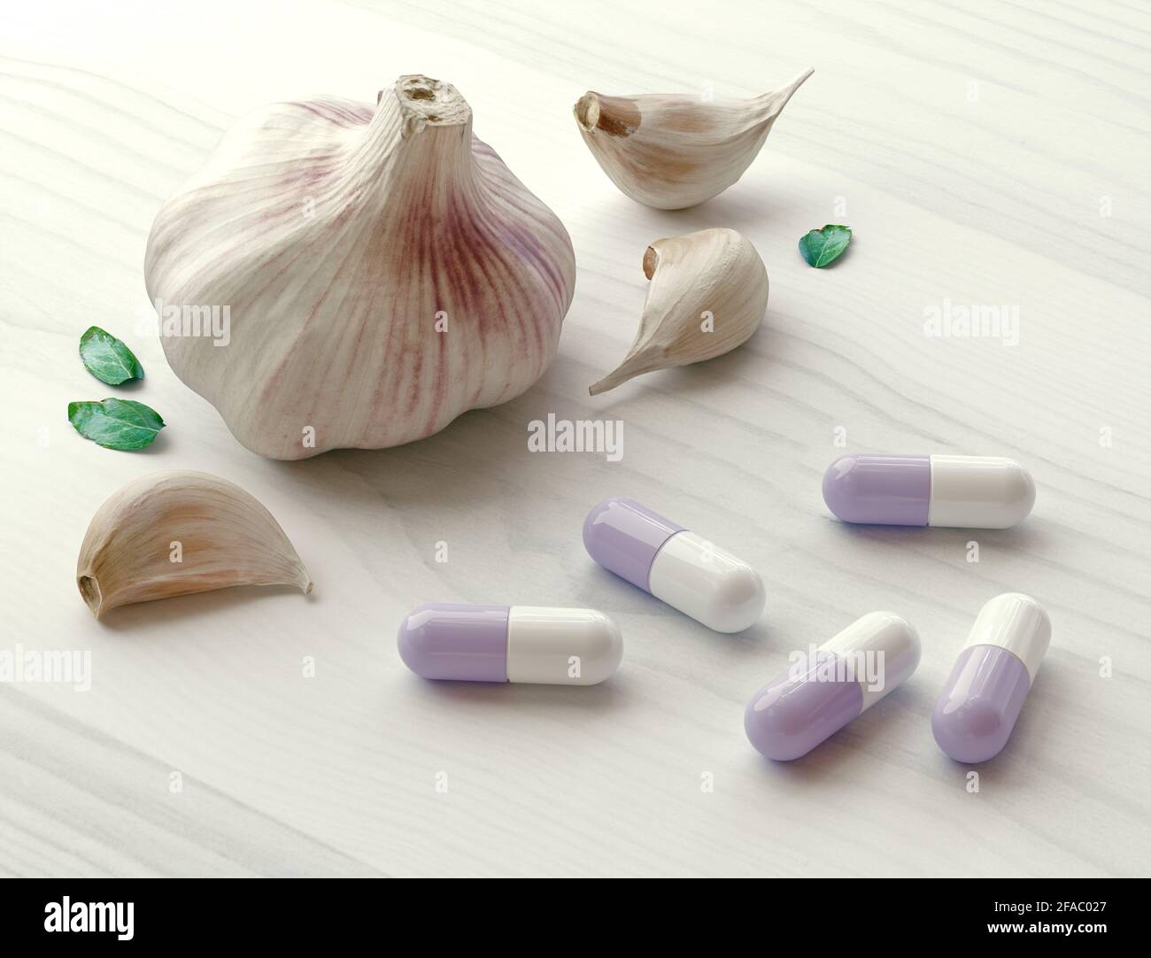Hierbas de ajo con suplementos herbales de la medicina alternativa y píldoras. 3d renderizado Foto de stock
