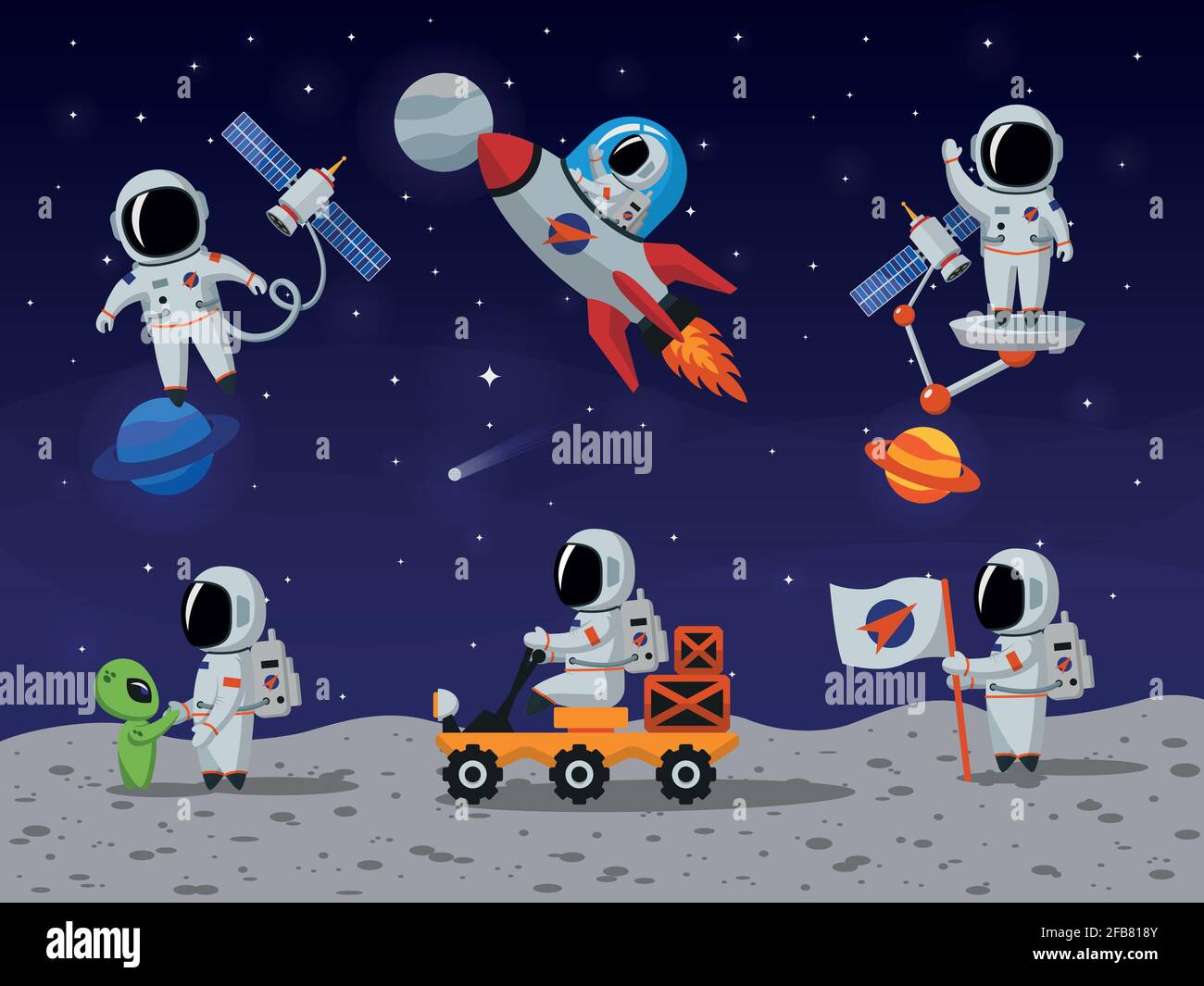 Los personajes vectoriales de los astronautas se establecen en estilo de dibujos  animados planos. Dibujo animado de astronauta, astronauta de carácter,  astronauta de persona, ilustración de un hombre espacial Imagen Vector de