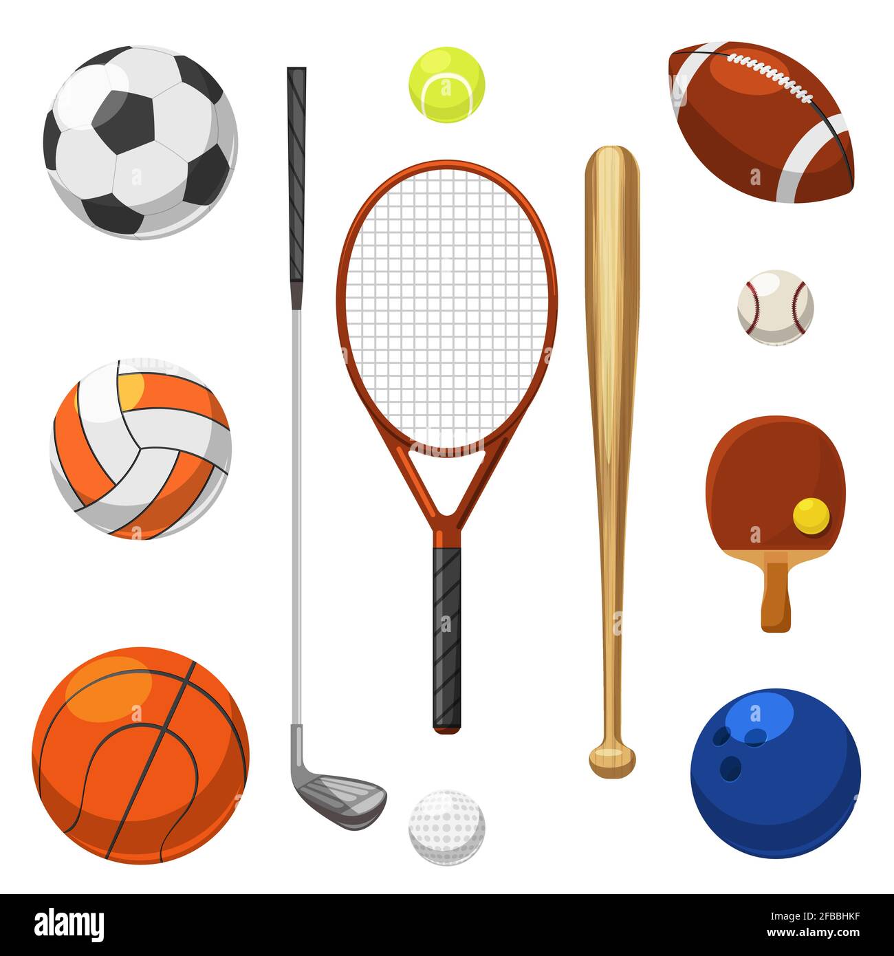 Iconos de equipos deportivos vectoriales. Artículos de ejercicios deportivos. Raqueta y bate para ilustración de juegos deportivos Ilustración del Vector