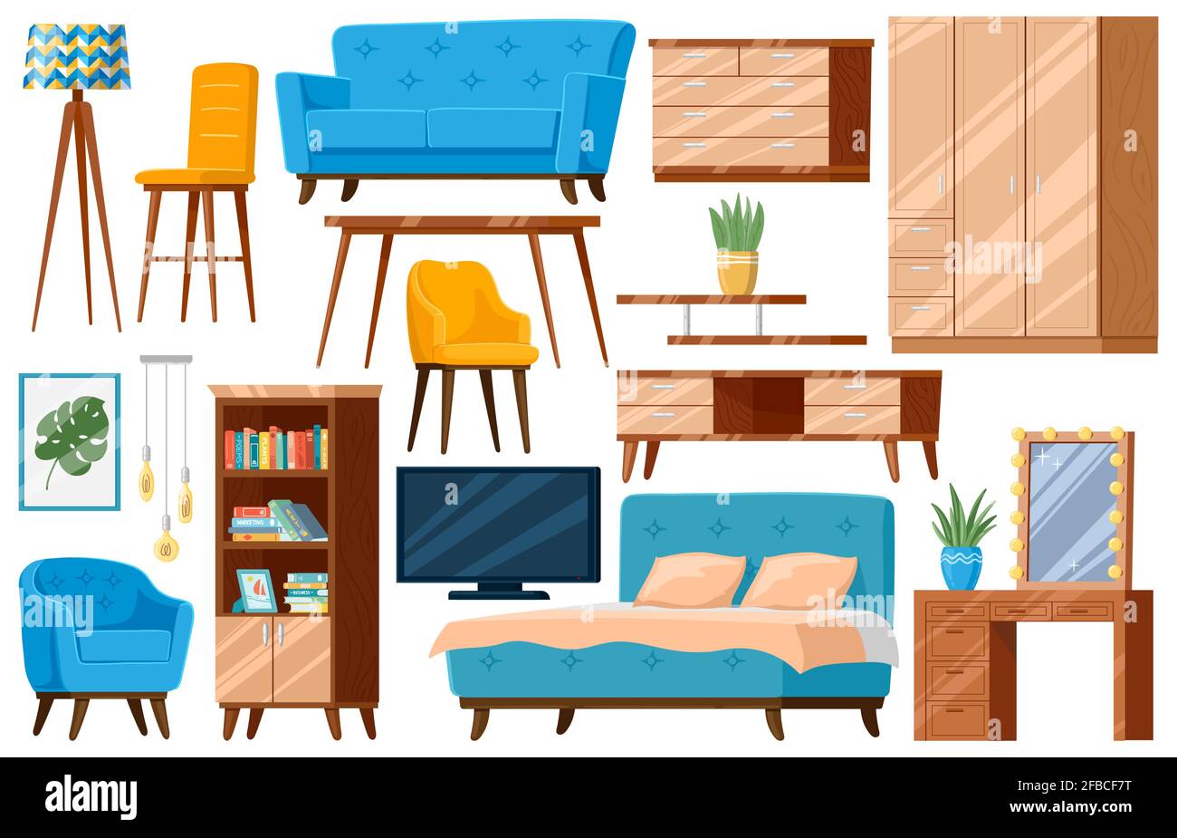 Muebles de dibujos animados. Muebles de hogar, cama, sofá, sillón y armario  aislado vector ilustración conjunto. Elementos de mobiliario interior del  apartamento Imagen Vector de stock - Alamy