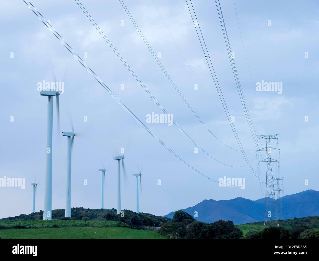 Varios aerogeneradores junto a una línea de alta tensión en el campo. Foto de stock