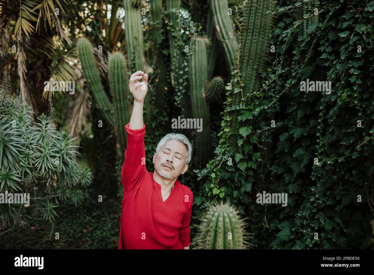 Hombre maduro con los ojos cerrados y la mano levantada de pie en el jardín de cactus Foto de stock