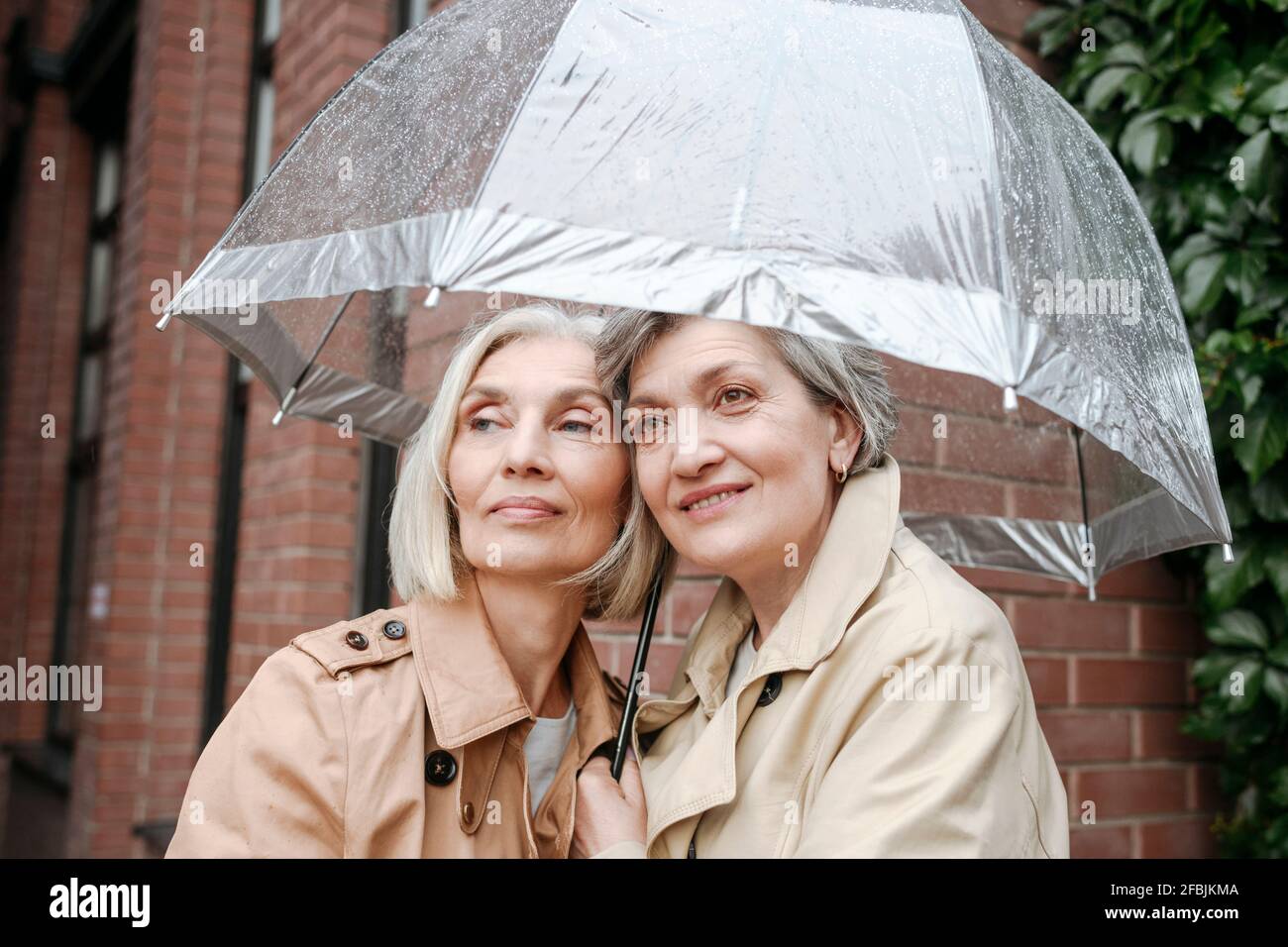 Sonriendo amigas bajo paraguas en el día de lluvia Fotografía de stock -  Alamy