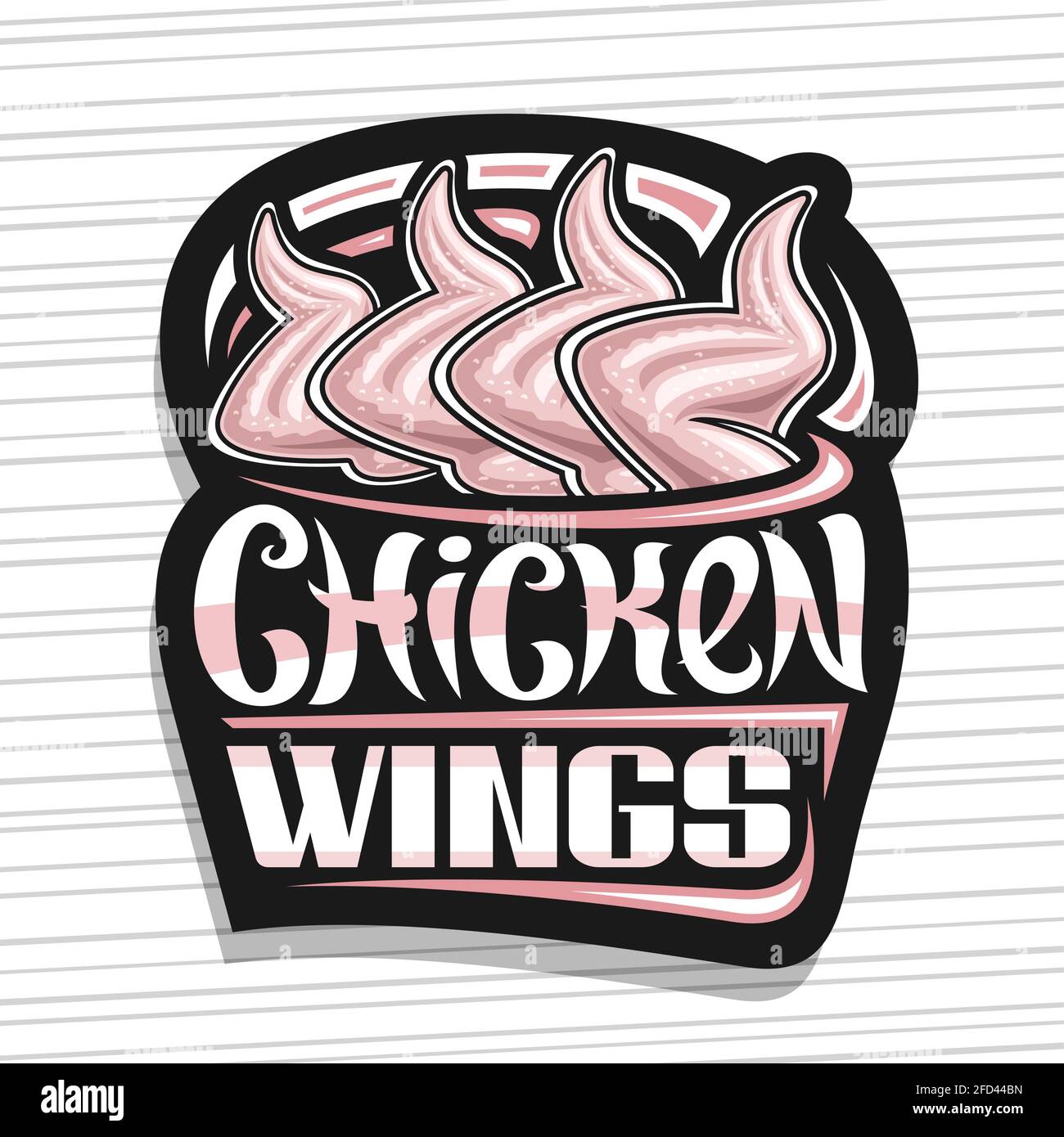 Logotipo Vector para alas de pollo, letrero decorativo oscuro con  ilustración de carne de pollo cruda, mantel de diseño artístico con letras  de pincel únicas para wo Imagen Vector de stock -