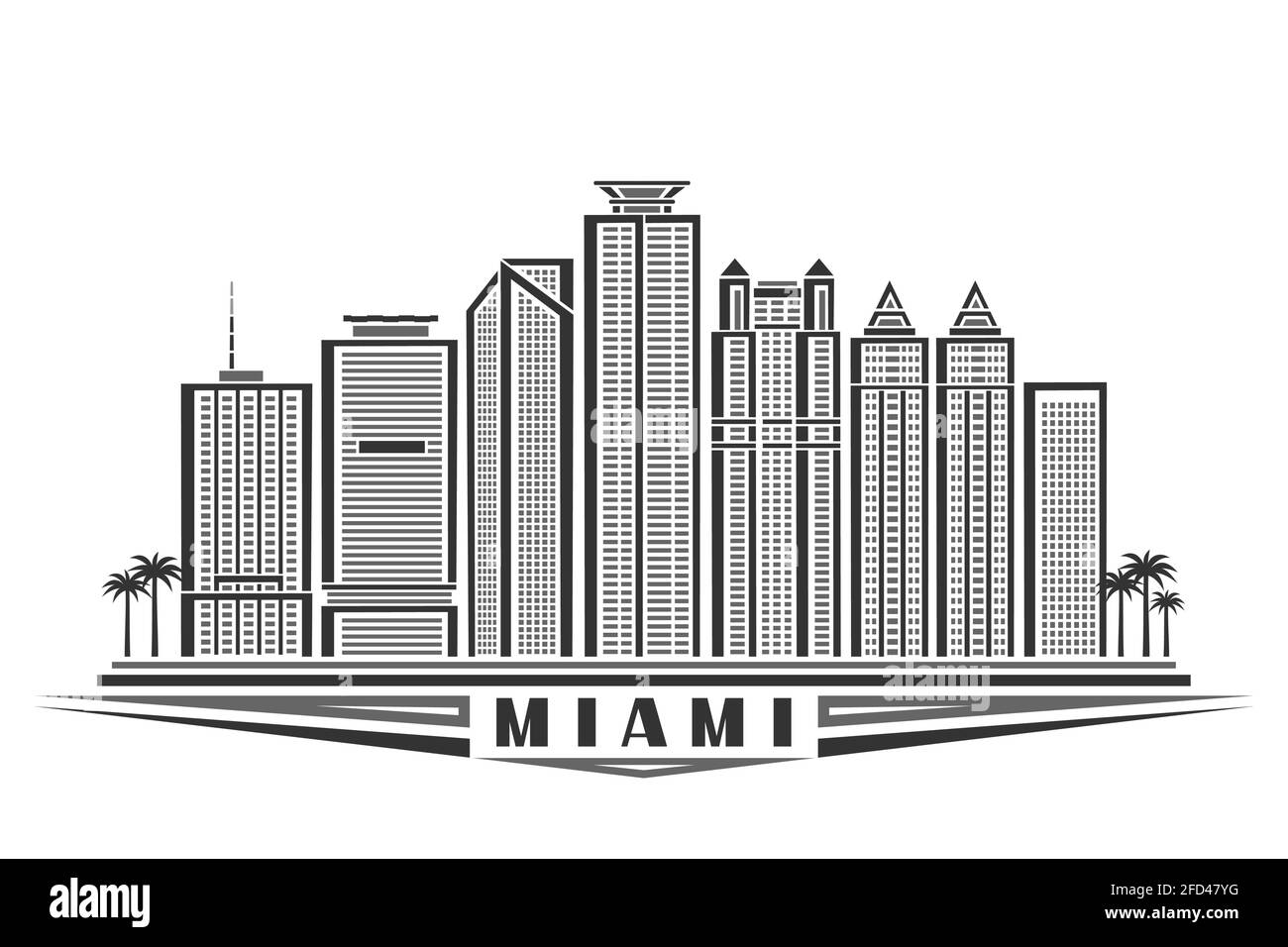 Ilustración vectorial de Miami, póster horizontal monocromo con diseño de contorno famoso paisaje urbano de miami, concepto de arte urbano con decoración única Ilustración del Vector