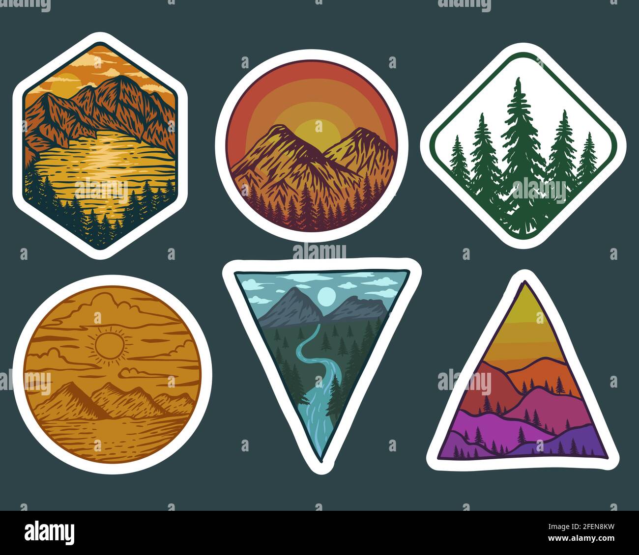 Stickers camper montaña brújula con deportes de aventura a 2 colores