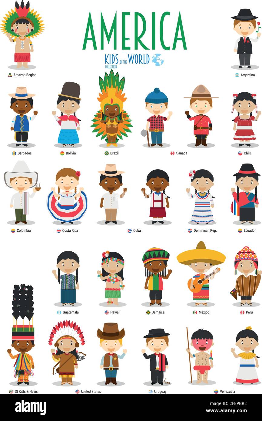Niños y nacionalidades del vector mundial: América. Juego de 25 personajes vestidos con diferentes trajes nacionales. Ilustración del Vector