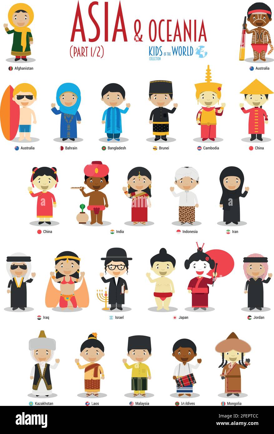 Niños y nacionalidades del vector mundial: Asia y Oceanía Set 1 of 2. Juego  de 24 personajes vestidos con diferentes trajes nacionales Imagen Vector de  stock - Alamy