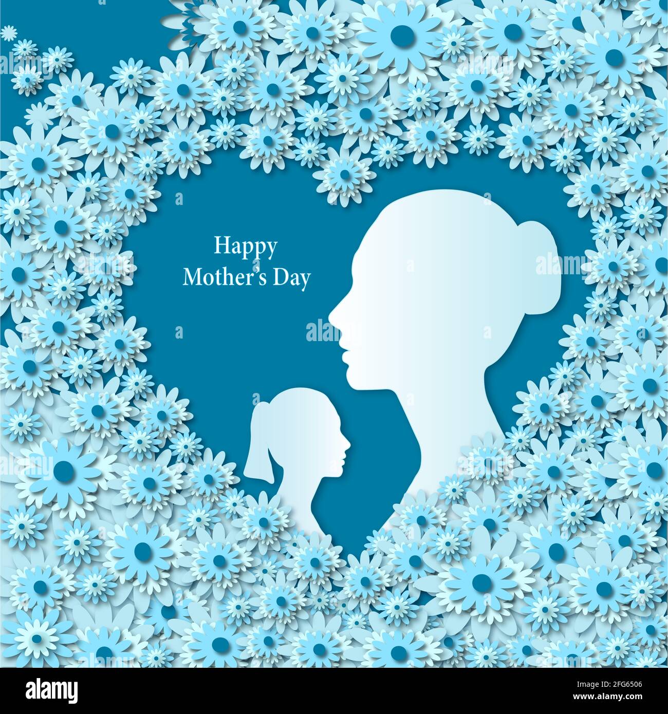 Silueta de la madre con su hijo. Tarjeta de felicitación con muchas flores sobre fondo azul. Foto de stock