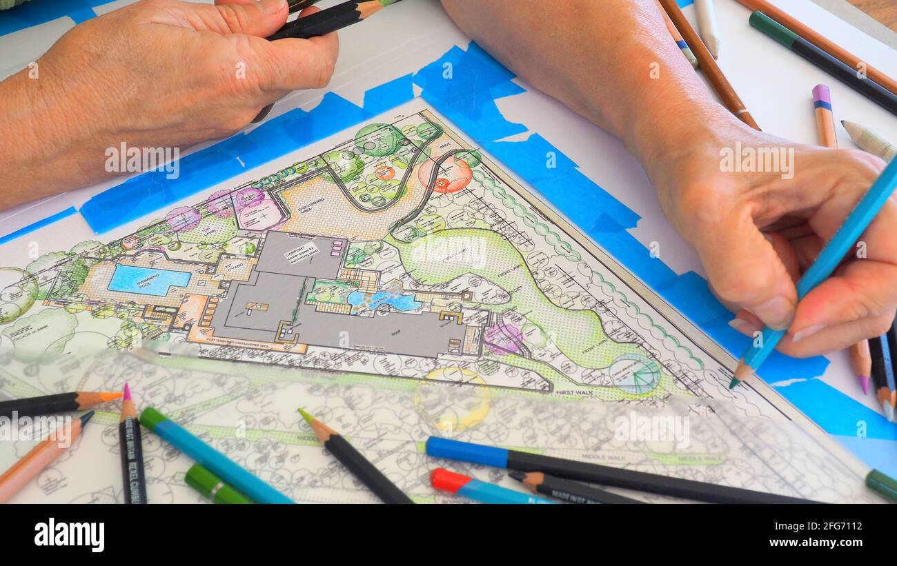 Una artista zurda utiliza lápices para colorear a mano su diseño de paisaje de un gran jardín Foto de stock