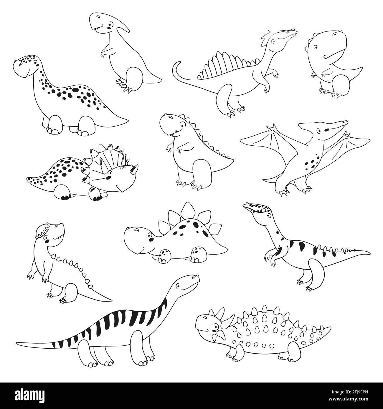Juego de personajes de dinosaurio de dibujos animados para niños.  Ilustración en blanco y negro para libro para colorear Imagen Vector de  stock - Alamy
