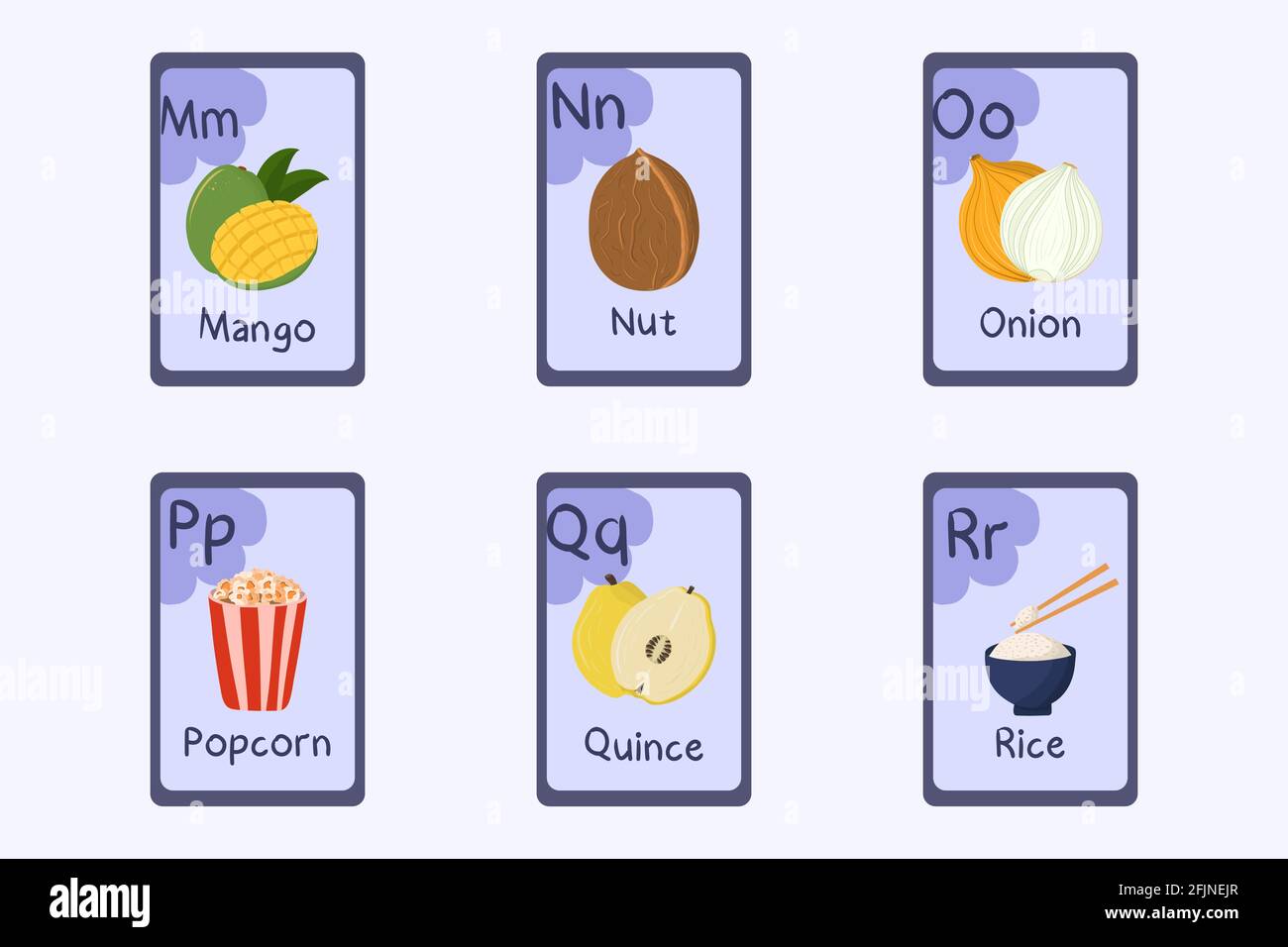 Letra M, N, O, P, Q del alfabeto colorido R - mango, nuez, cebolla,  palomitas de maíz, membrillo, arroz. Tarjetas temáticas de alimentos para  enseñar a leer con alimentos, verduras, frutas y