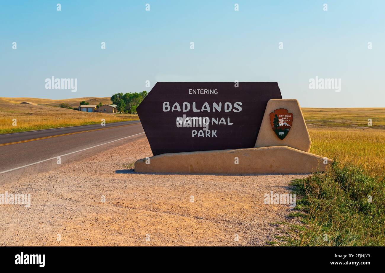 Señal de entrada al parque nacional Badlands, Dakota del Sur, Estados Unidos de América, Estados Unidos. Foto de stock